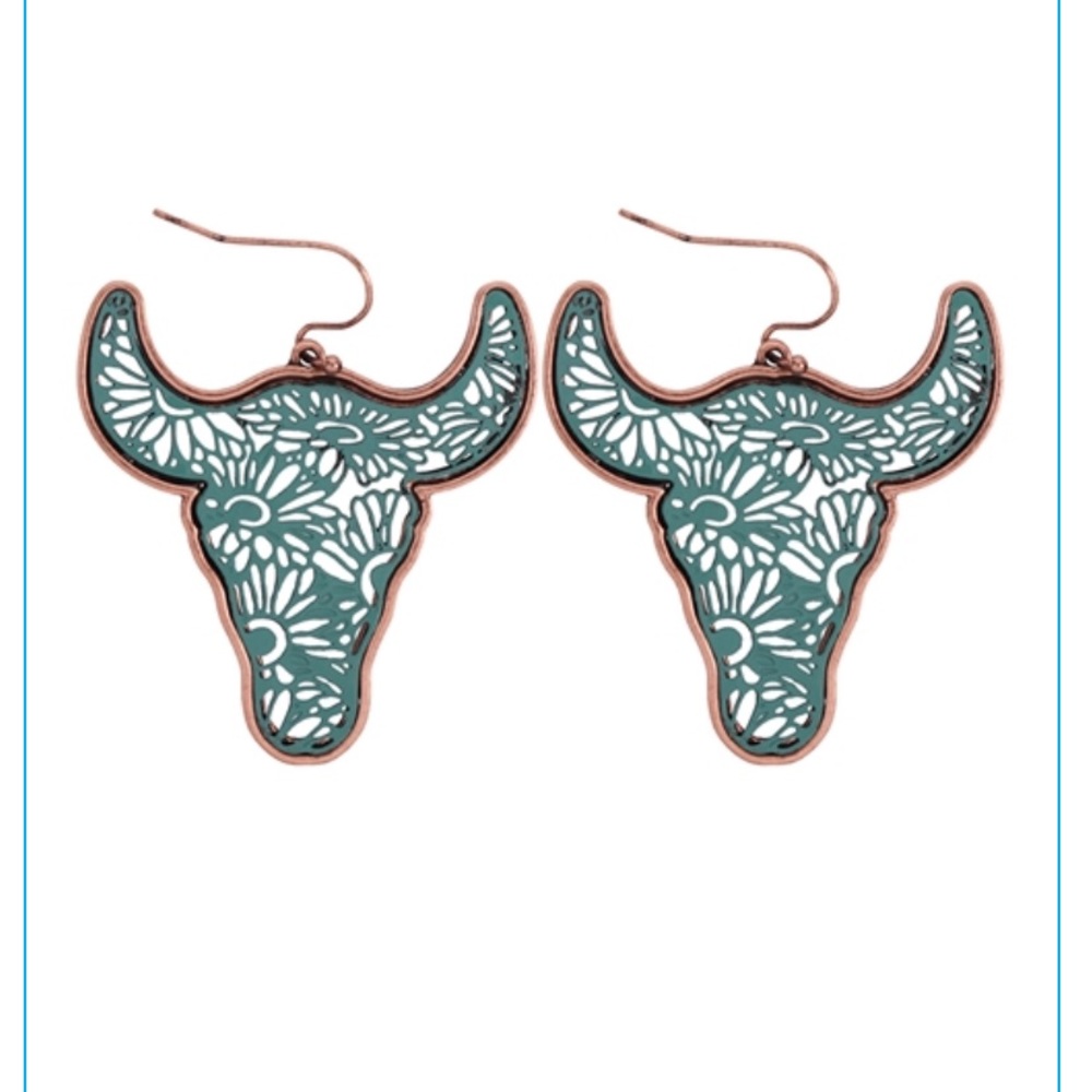 Bull Two Tone Earrings- Burnish Gold and Turqoise